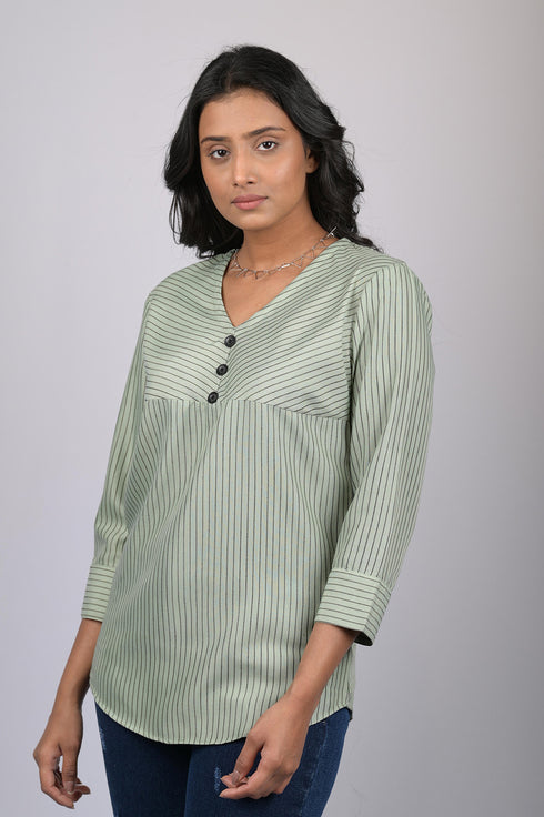 Party wear top for women western wear top stylish top trending 3/4 sleeve Light Green And Black Striped V-Neck Top (OTL-TPS1057)